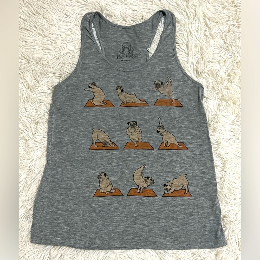 Pug Yoga Graphic Racerback Tank Top Bear Dance Gray Dog Lover Shirt Size S